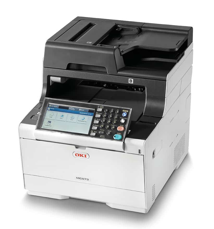 OKI MC573DN A4 kleuren multifunctionele printer op kantoor